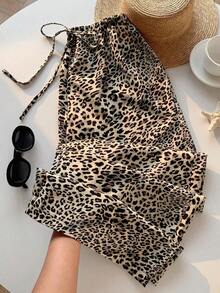 Pantalones Largos Para Mujer Con Estampado De Leopardo Y Cordón De Ajuste - Negro - Ver 8