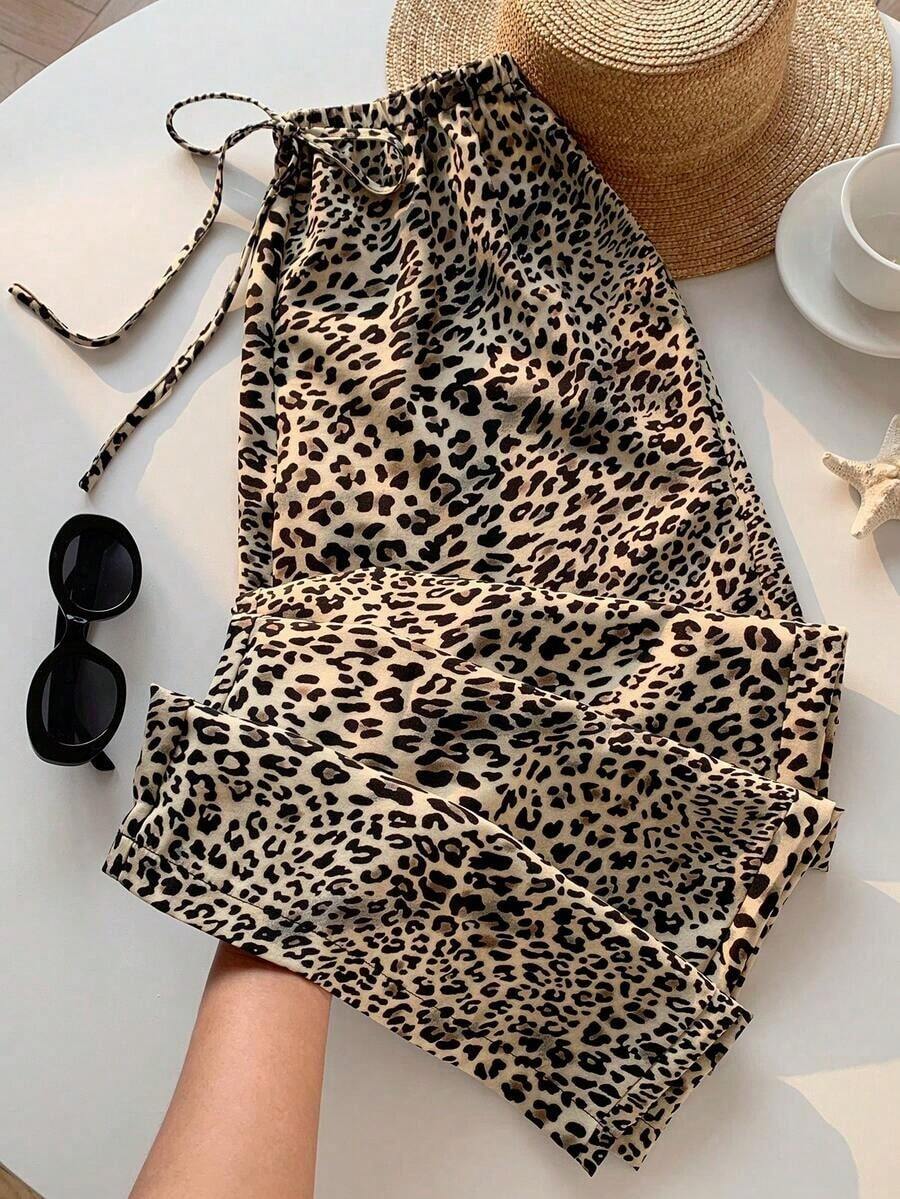 Pantalones Largos Para Mujer Con Estampado De Leopardo Y Cordón De Ajuste - Marrón - Ver 1