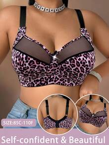 Sujetador inalámbrico con estampado de leopardo para mujer talla grande, sujetador sin costuras transpirable y antideslizante de uso diario con soporte - Negro - Ver 1