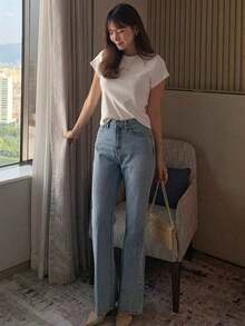 Camiseta básica de mujer de cuello redondo de unicolor de manga corta, blanca, para primavera/verano, de estilo casual de oficina - Blanco - Ver 7