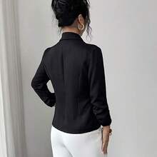 Elenzya Elegant Rose Gold Metal Button Waist Cinched Shawl Neck Black Long Sleeve Women Thin Blazer - Negro - Ver 3