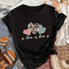 Plus Size T-Shirts. Single Garment, Not A 3-Piece Set. 1 Piece/Set Of Long-Sleeved T-Shirts Suitable For Streetwear. Oversized Round Neck Top For Daily Outings, Camping, Concerts, Hip-Hop, Rock, And Rap Events. Leopard Print, Heart And Slogan Graphic, For Summer. - 黑色 - 查看 2