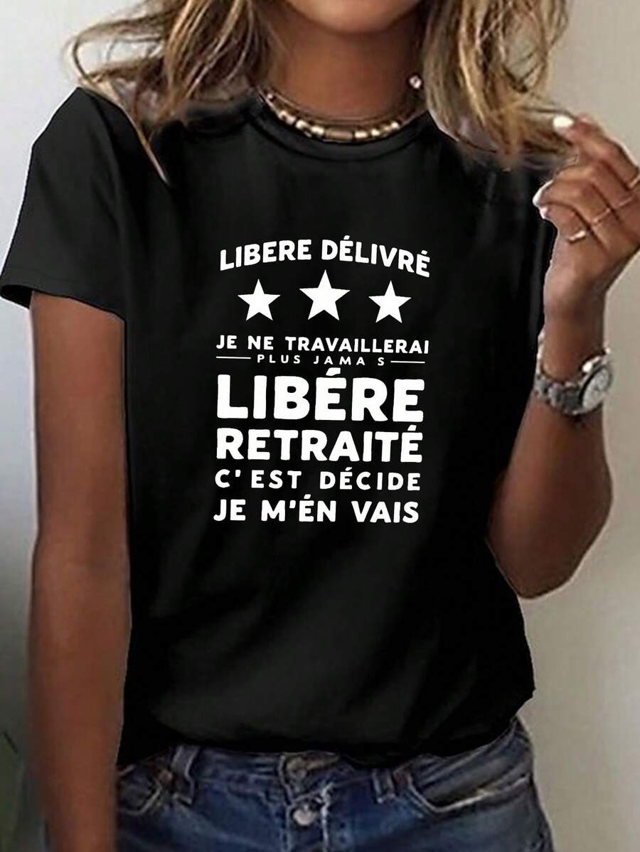 Camiseta de algodón 100% para mujer con temática de jubilación francesa - Camiseta de manga corta y cuello redondo con estampado de eslogan de jubilación y frase en francés, estilo casual para primavera/verano, adecuada para todas las estaciones, lavable a máquina, ideal como regalo de jubilación para personas mayores, adecuada para uso diario informal. - Negro - Ver 1