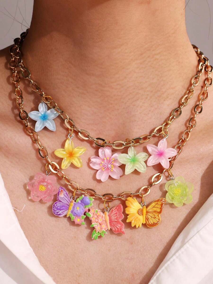 1 pieza Collar colgante de flor, mariposa, plumeria con diseño de moda, delicado, lindo, animado, exclusivo, interesante y versátil, adecuado para mujer, uso diario, vacaciones, fiesta, regalo - Multicolor - Ver 1