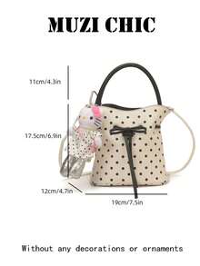 This Black And White Polka Dot Drawstring Bucket Bag Features A Bow Decoration That Adds A Touch Of Girlish Charm. Made Of Durable And Easy-To-Care-For PU Material, It Can Be Carried By Hand Or Worn Crossbody. Simple And Versatile, It's Perfect For Female College Students Commuting To Class, Going Out On Campus, Or Shopping With Friends. - White - View 5