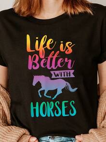 Stylish Everyday T-Shirt With Horse Print, Round Neck, Short Sleeves, Suitable For Casual Summer And Spring Wear, Women's Clothing, Chic And Fashionable T-Shirt. - 黑色 - 查看 2
