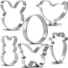 6Pcs Large Easter Cookie Cutters For Kids, 4'' Bunny Head, Egg, Chicken, Rabbit, Carrot, Butterfly Shapes, Metal Biscuit Molds For Easter Spring Holiday Themed Baking Supply - Default - View 1