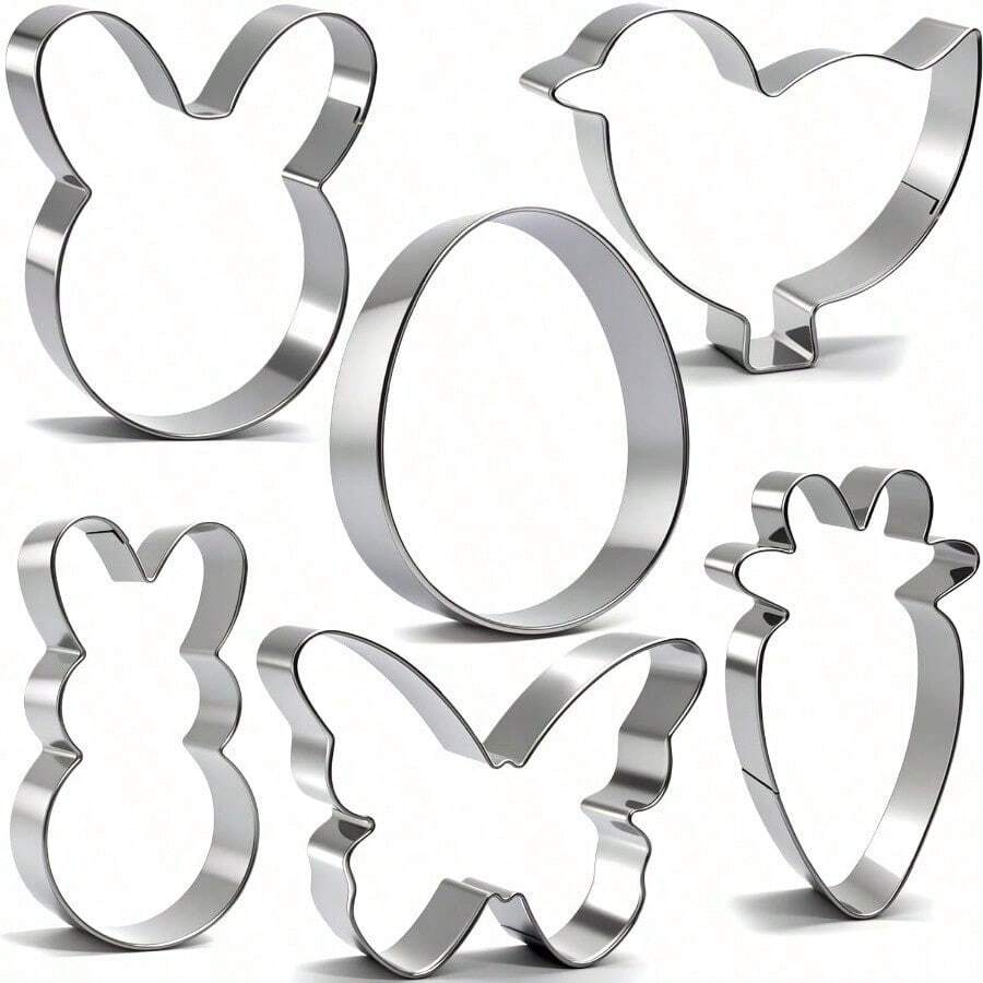 6Pcs Large Easter Cookie Cutters For Kids, 4'' Bunny Head, Egg, Chicken, Rabbit, Carrot, Butterfly Shapes, Metal Biscuit Molds For Easter Spring Holiday Themed Baking Supply - Default - View 1