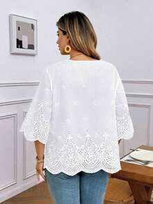 Blusa de verano de talla grande, de unicolor, hueca, bordada, casual, para vacaciones, temporada de bodas, nuevo diseño de playa para mujer - Blanco 4 - Ver 2