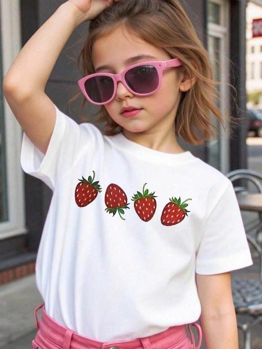 Camiseta de Cuello Redondo 100% Algodón con Estampado de Fresas para Jóvenes, Camiseta Blanca con Estampado de Fresas, Largo Regular, Camisetas con Estampado de Frutas, Ropa Suave y Transpirable para Niñas/Niños, Material Suave, Diseño Divertido, Ajuste Cómodo, Moda. 3T-13T - Negro - Ver 1