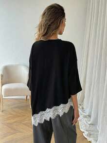 Camiseta casual de mujer con dobladillo asimétrico de encaje de unicolor, uso básico diario, blusa casual de primavera/verano para vacaciones de mujer, vacaciones de verano para mujer, primavera para mujer, vacaciones de primavera, top para ir - Blanco y Negro - Ver 2