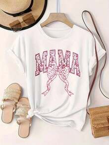 Camiseta Casual de Mujer con Estampado Floral Vintage "Mama" y Lazo Rosa, Adecuada para Todas las Temporadas  
 BlackFashion - Blanco - Ver 2