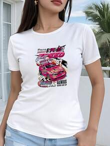 Women's Short-Sleeved T-Shirt, Made Of Pure Cotton, With A 2D Geometric Racing Print Design, Cool And Full Of Speed, Casual Short-Sleeved Top With Round Neck, Suitable For All Seasons, Festive Fashion, Retro Aesthetic, Breathable Material, Fun Print. - 白色 - 查看 6