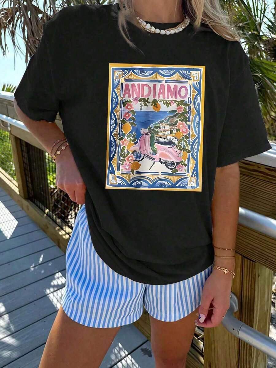 GiftGiftCamiseta con estampado gráfico GiftGiftLemon, manga corta, cuello redondo, estilo casual, para verano y primavera, camiseta para mujer, suave.SoftSoft - Negro - Ver 1