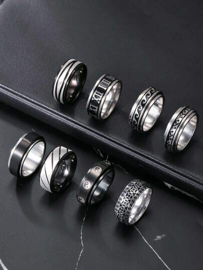 8pcs Men's Rings, Stainless Steel Carved Vintage Pattern, Daily Wear Gift For Boyfriend, Father's Day Gift