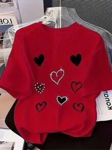 Camiseta Vintage Holgada de Talla Grande con Estampado Plano de Ocho Corazones de Perlas Negras con Efecto 3D, Estilo Casual para Vacaciones. - Rojo - Ver 7