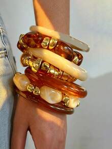 7pcs/Set Vintage Elegant Bohemian Summer Vacation Style Asymmetrical Amber Tiger Eye Beaded Elastic Bracelet Set, Luxury Gradient Resin Bracelets, Versatile Jewelry Accessories Suitable For Women, Beach, Party, Dating, Birthday, Gift - Multicolor - View 5