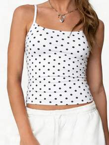 Women Polka Dot Print Square Neck Cami Tank Top - White - View 2