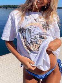 Camiseta de manga corta para mujer con estampado de palmeras y olas, estilo retro, informal, estética, de verano, con cuello redondo, estilo boho, para uso diario, vacaciones en la playa, salidas de verano, estilo callejero, casual americano, holgada. - Blanco - Ver 8