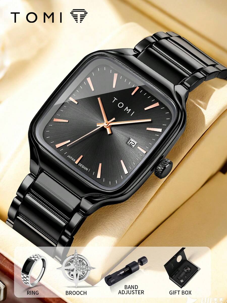 TOMI Men's Quartz Watch With Logo Brooch & Ring, Stainless Steel Strap, Deep Blue Brushed Dial, Vintage Rectangular Case, Quartz Movement, Gift Box Set, Suitable For Daily Life, Business Events, Father's Day, Valentine's Day, Christmas, Commuting, Dating - Black - View 1