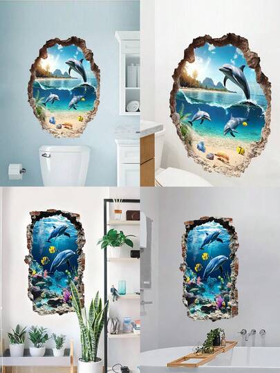 1 片可移除海豚海洋场景墙贴，适用于浴室墙面装饰