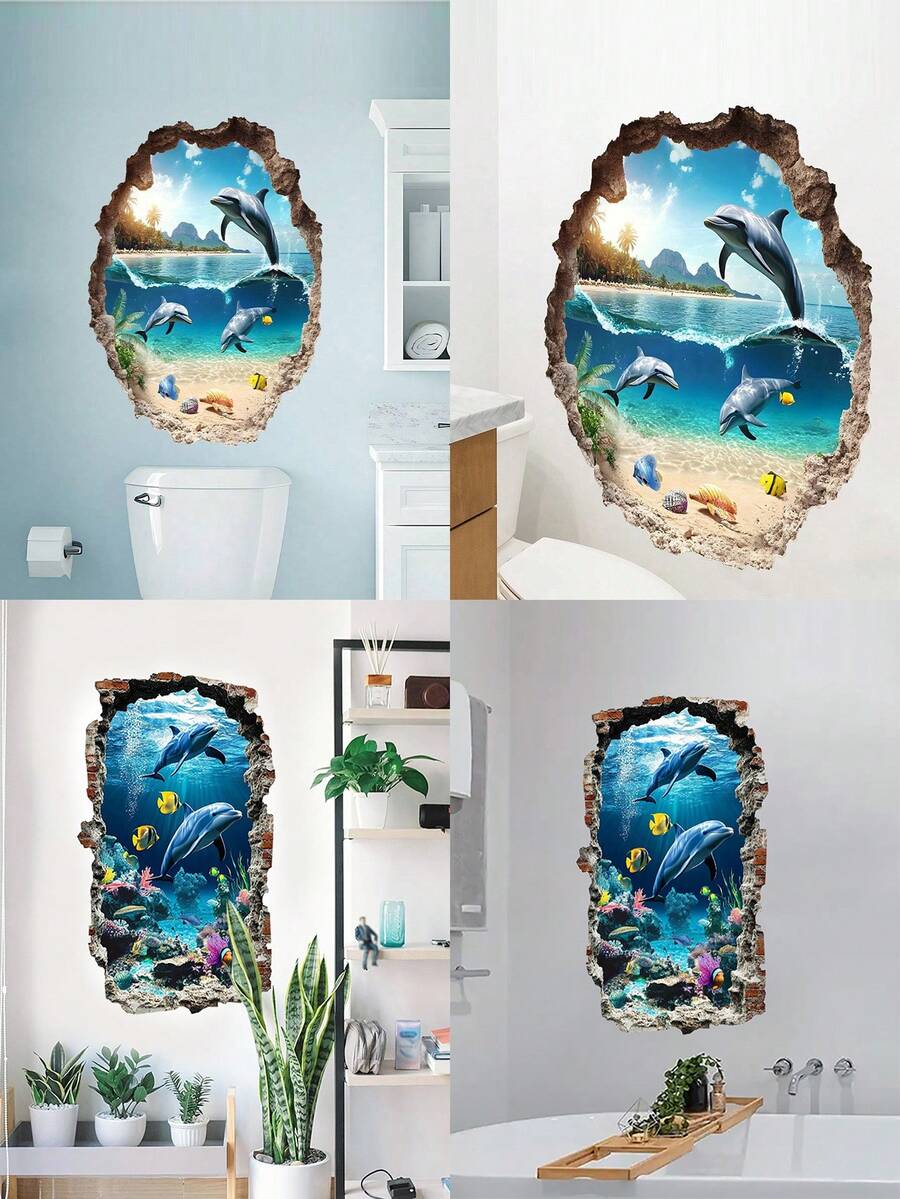 1pc Removable Dolphin & Ocean Scene Wall Sticker, Suitable For Bathroom Wall Decor - A - View 1