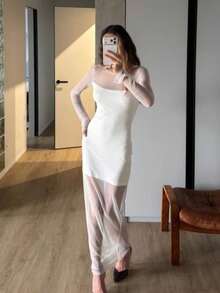 Vestido Elegante Mujer Primavera 2026, Estilo Socialite, Tul Transparente, Doble Capa, Ajustado, Sensual y Sofisticado - Blanco - Ver 8