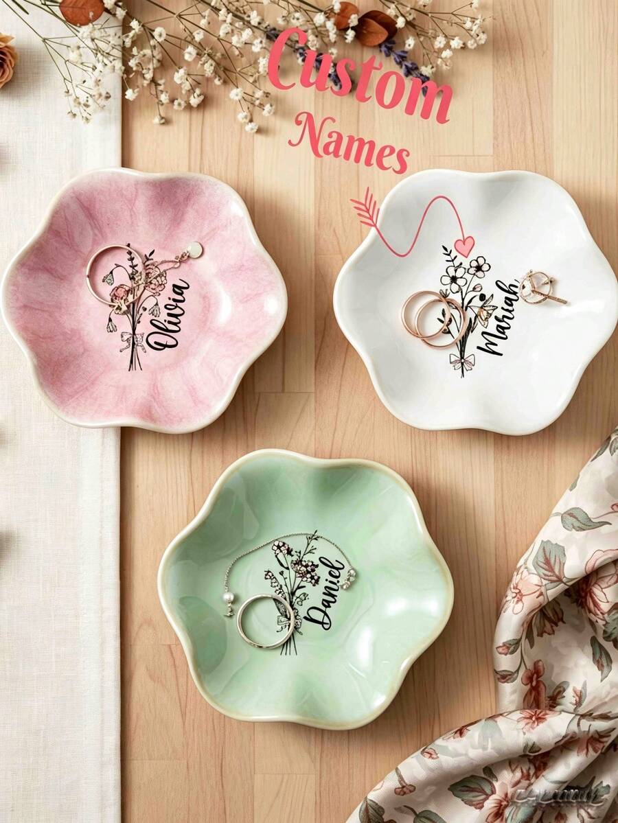 Birth Flower Jewelry Dish, Personalized Name Ring Dish, Custom Floral Trinket Tray, Birthday Gift For Women, Vanity Jewelry Organizer, Bridesmaid Proposal Gift - Multicolor - View 1