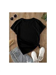 YOCASA Camiseta Casual de Verano para Mujer, con Cuello Redondo, Ajustada y Manga Corta, con Estampado de Pintura al Óleo, Floral, Corazón, Cereza y Patrones de Letras. Tejido Casual Simple, Estilo Deportivo, Ideal para Uso Diario y un Citas de San Valentín. - Negro - Ver 3