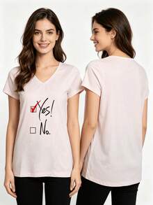 Top de mujer liso de manga corta y cuello en V - Diseño <<Yes or No», Top de verano de largo medio y cuello en V - Cómodo y transpirable - Blanco - Ver 2