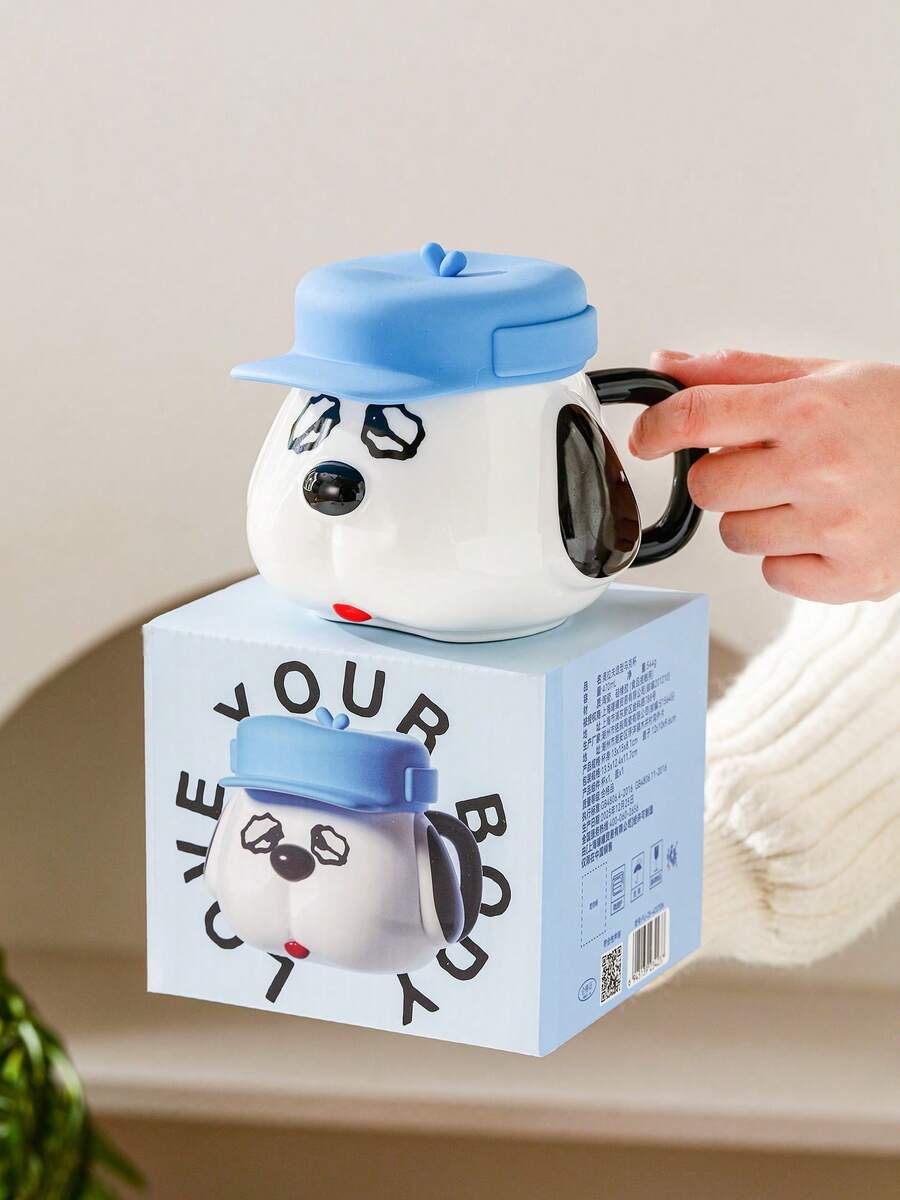 SNOOPY 花生漫画史努比3D立体狗脸咖啡杯，带蓝色帽子盖 - 新颖陶瓷杯，冷热饮皆宜 - 藍白色 - 查看 1
