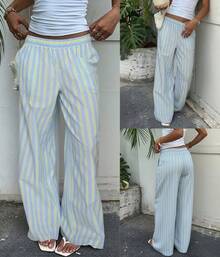 Pantalones Anchos de Mujer a Rayas con Bloque de Color, Cintura Elástica, Largo Completo, Ligeros de Verano con Bolsillos, Delgados y Fluidos para Uso Diario y Vacaciones - Azul - Ver 9