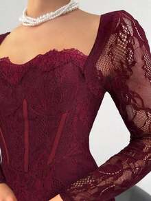 Vestido negro ajustado hasta el suelo con cuello corsé ahuecado y mangas largas con encaje en forma de S sexy para mujer para fiestas, citas y banquetes de otoño/invierno nuevo - Burdeos - Ver 6