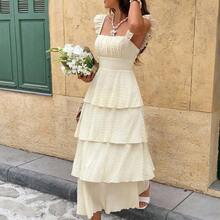 Women's Summer Vacation Solid Color Textured Ruffle Hem Dress,Summer Dresses For Women - Verde Oliva - Ver 5