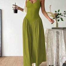 French Deep V-Neck Backless Tie Waist Pleated Dress, Sexy - Verde - Ver 1