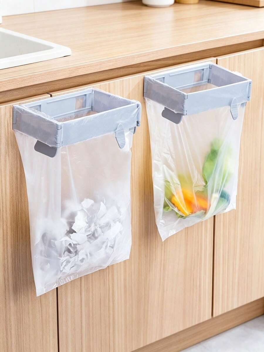 1PC Foldable Garbage Rack, No Need To Drill Holes And Save Space, Wall Mounted Storage Rack, Anti Odor And Leak Proof, Foldable Garbage Rack On The Side Of Kitchen/Bathroom/Office Desk, Strong Load-Bearing Capacity, Buckle Fixation, Garbage Bag Does Not Fall Off, Ultra-Thin Folding, Wall Mounted Does Not Occupy Space, Kitchen Cabinet Retractable Plastic Bag Folding Garbage Rack - Grey - View 1