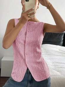 Camisa ajustada sin mangas de mujer con estampado de lunares - Rosa - Ver 5