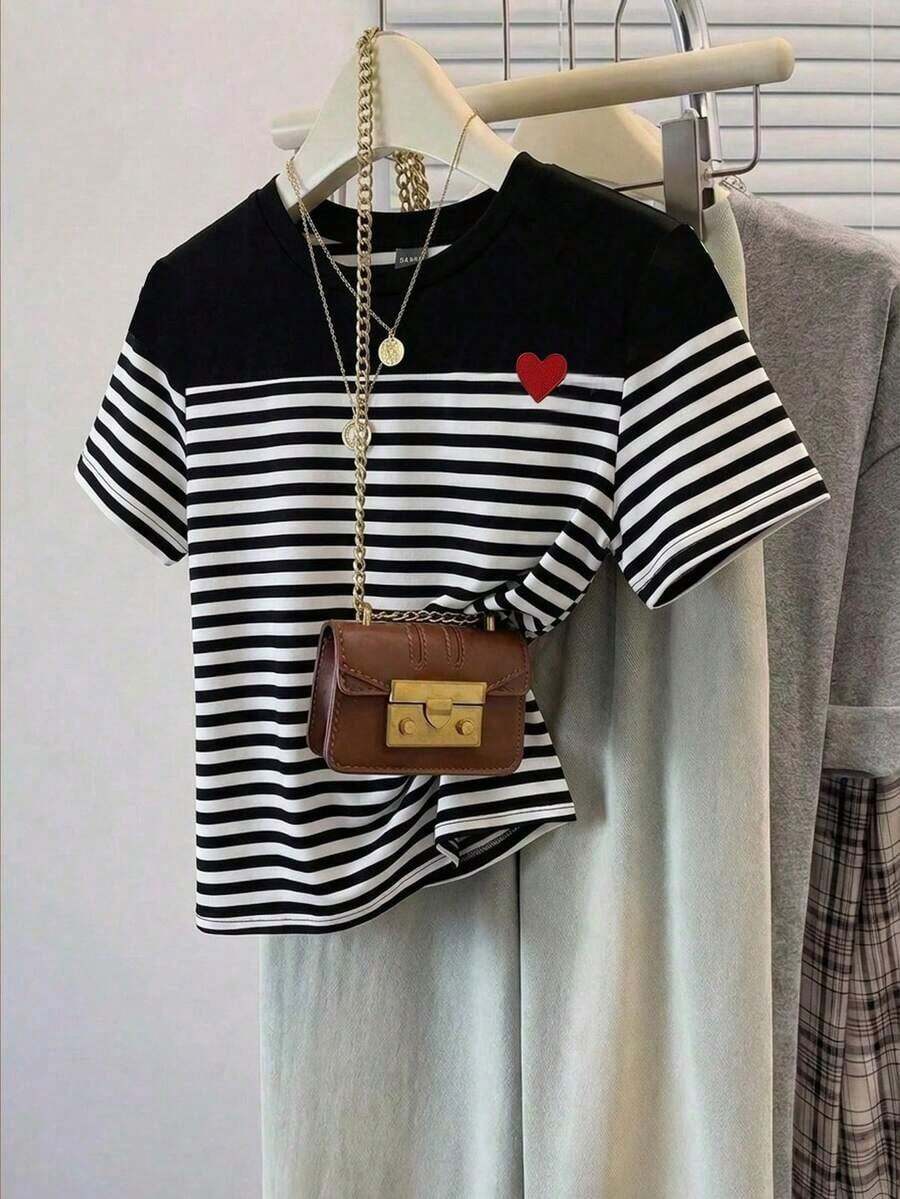 Camiseta holgada de cuello redondo y manga corta de estilo minimalista casual para mujer, con estampado de rayas, conjunto de ocio para mujer - Multicolor 3 - Ver 1