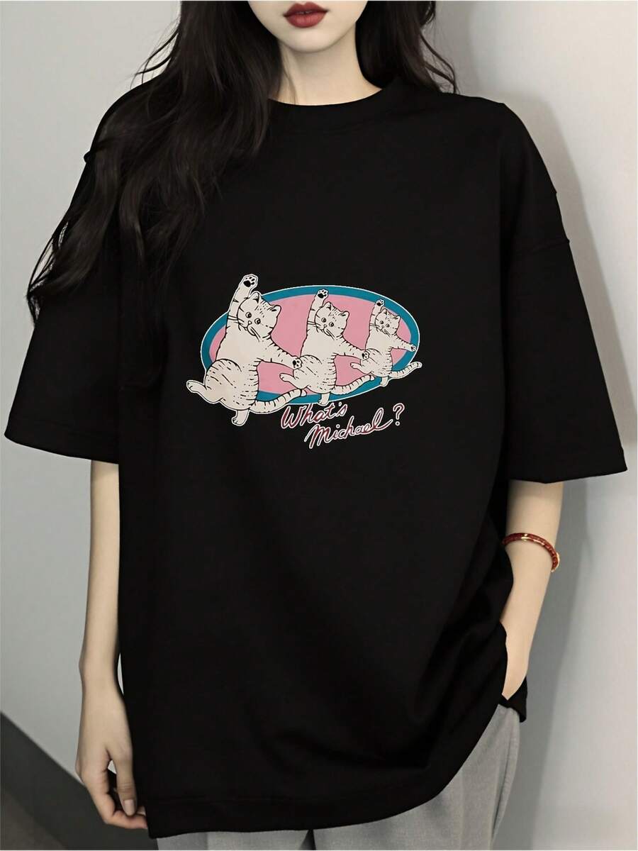 Fun Black T-Shirt With Animal Graphic Design, Urban Style, Short Sleeve, Comfortable, Soft Cotton, Casual, For Young People And Adults, Various Sizes Available, Contemporary Fashion, 2023. - 黑色 - 查看 1