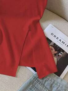 Camiseta elegante de unicolor con cuello asimétrico y abertura - Rojo - Ver 4