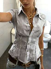 Camisa ajustada de mujer con cuello polo y manga corta - Blanco y Negro - Ver 3