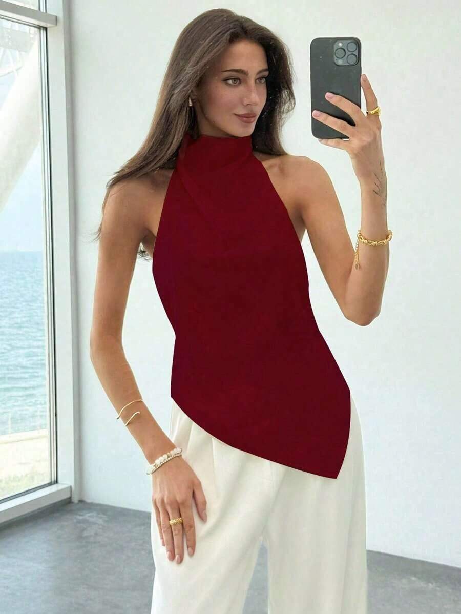 Top sin espalda con cuello halter y bajo asimétrico de unicolor púrpura para mujer, verano, vacaciones.Sencillo y elegante para uso diario y oficina. - Rojo - Ver 1