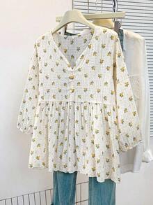 Blusa de mujer con cuello en V de gasa con estampado floral romántico, manga farol, corte holgado y silueta favorecedora, adecuada para uso casual, de calle y de oficina en vacaciones de verano - Verde - Ver 2