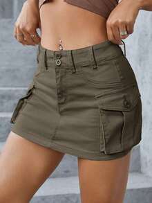 Falda en mezclilla con bolsillo con solapa - Verde militar - Ver 5