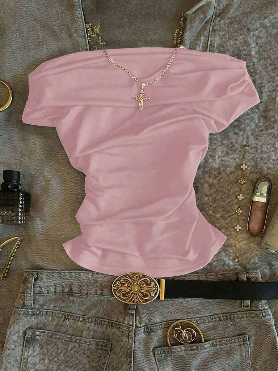 Camiseta de mujer de unicolor y diseño minimalista con hombros descubiertos, para uso casual diario - Rosa Pálido - Ver 1