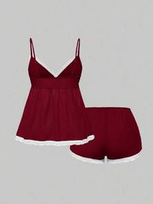 Conjunto de pijama casual de camiseta de tirantes acanalada y shorts con encaje - Burdeos - Ver 2