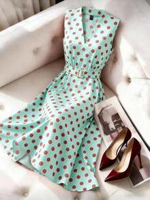 Vestido de línea A con cuello en V sin mangas, estampado de lunares y lazo en la cintura, adecuado para el Día de San Valentín y citas - Azul 2 - Ver 5