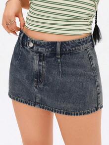 Minifalda de jean de moda con decoración de botón en la cintura para mujer - Azul lavado oscuro 3 - Ver 7