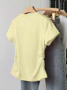 lanzamiento de verano, top corto versátil y casual con estampado de limón dulce, camiseta ajustada a la cintura para mujer, diseño cómodo, adecuado para uso diario, al aire libre, compras - Amarillo claro - Ver 2