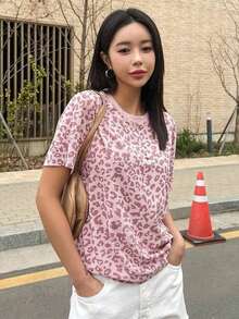Camiseta de manga corta holgada con estampado de leopardo para mujer, ropa de verano y otoño - Rosa - Ver 4